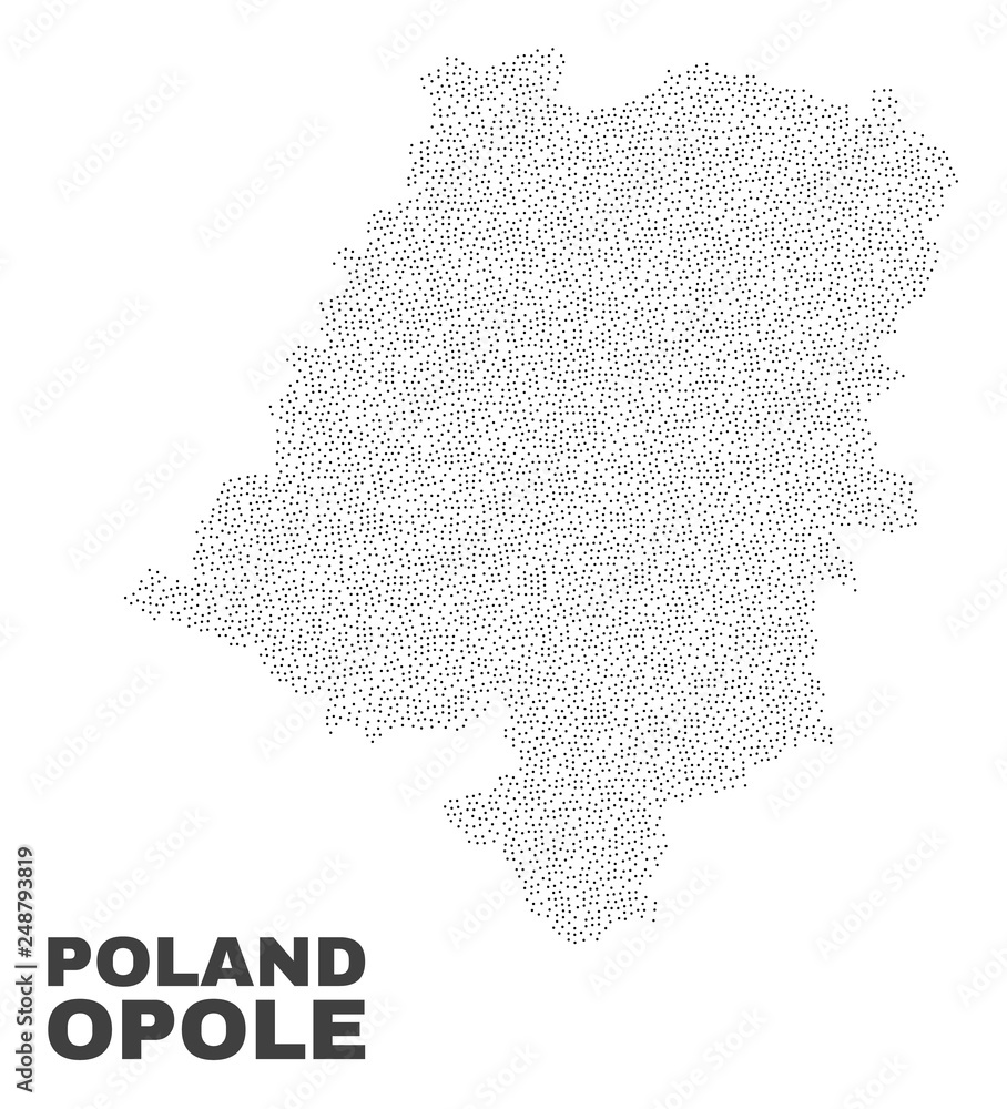 Opole Voivodeship map designed with little points. Vector abstraction in black color is isolated on a white background. Random tiny points are organized into Opole Voivodeship map.