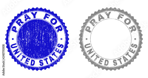 Grunge PRAY FOR UNITED STATES stamp seals isolated on a white background. Rosette seals with distress texture in blue and grey colors.