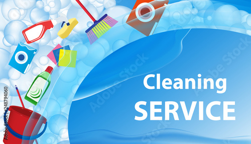 Cleaning service blue background. Banner or poster with soap bubbles and tools, cleaning products for cleanliness. Vector