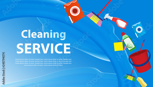 Cleaning Service blue background with a splash of water. Banner or poster with tools and cleaning products for cleanliness. Vector