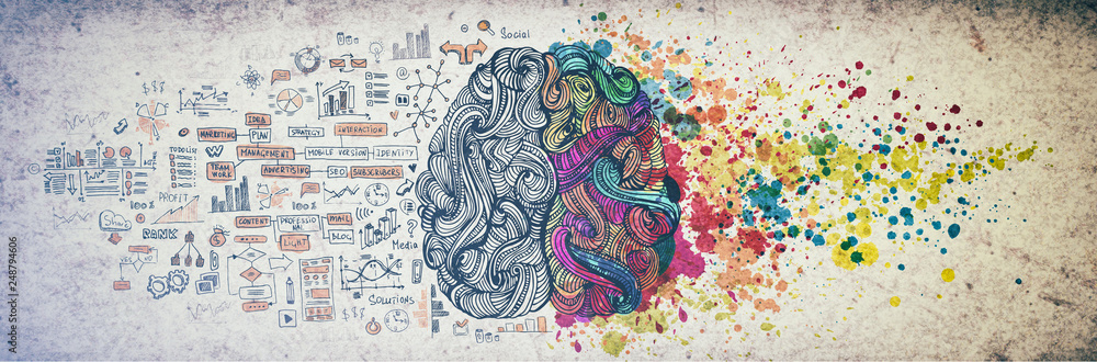 Left right human brain concept, textured illustration. Creative left and right part of human brain, emotial and logic parts concept with social and business doodle illustration of left side, and art - obrazy, fototapety, plakaty 