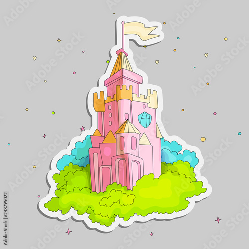 Cartoon medieval fun pink castle with orange flag and green grass. Magic cartoon castle for princess from fairy tale icon. Funny pink cartoon castle with decoration gray background.