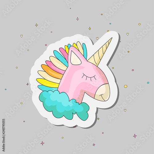 Cute cartoon colored unicorn vector illustration. Cute happy uni orn with horn and colored hair, pink uni orn in green cloud with decoration elements. Magic animals - sleeping uni orn icon on grey.