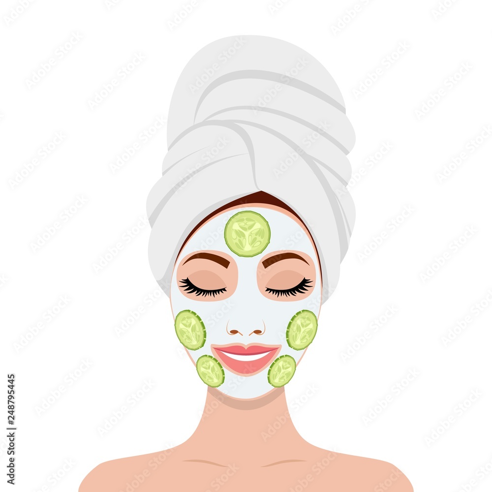 beautiful woman with facial mask of cucumber slices on face. SPA beauty ...
