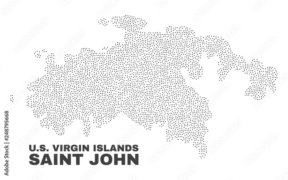 Saint John Island map designed with small points. Vector abstraction in black color is isolated on a white background. Scattered small points are organized into Saint John Island map.