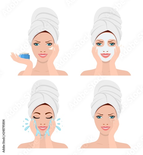 Beautiful woman in process showing four steps for washing face. SPA beauty and health concept. Vector illustration in flat style