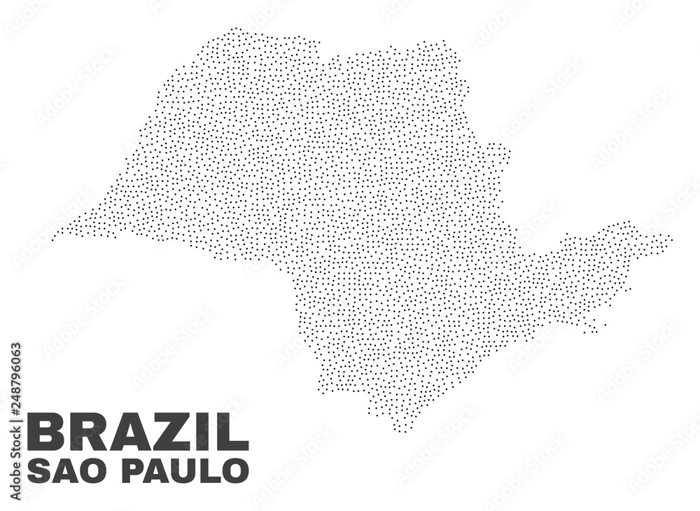 Sao Paulo State map designed with little points. Vector abstraction in black color is isolated on a white background. Scattered little items are organized into Sao Paulo State map.