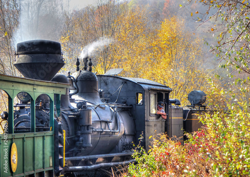 A vintage old train with thick smoke making its way through the forest in West Virginia. Shot near Cass, WV, USA. photo