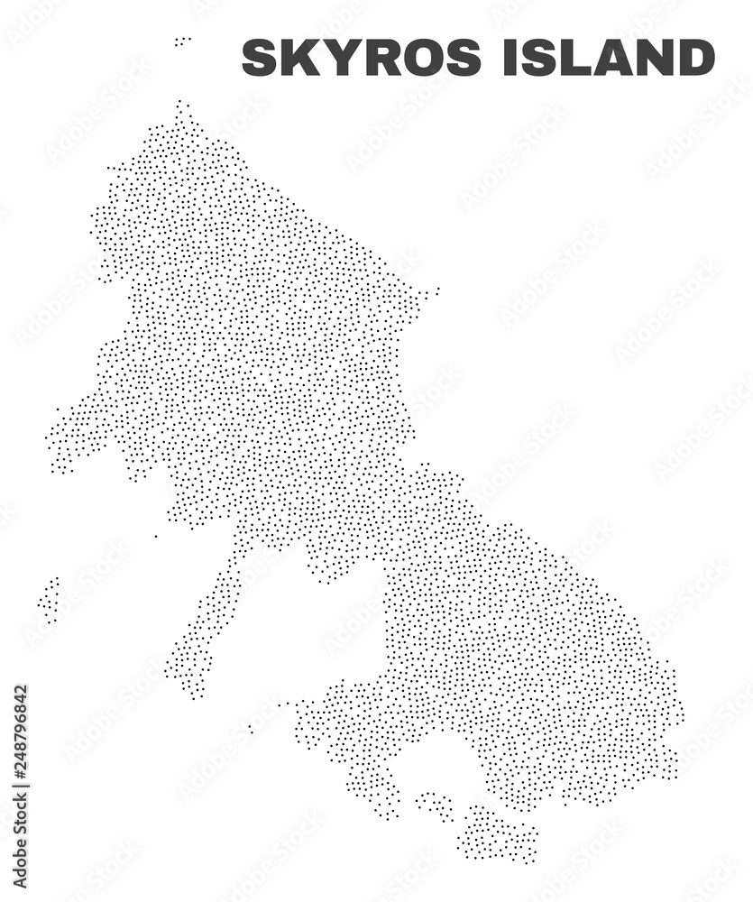 Skyros Island map designed with little dots. Vector abstraction in black color is isolated on a white background. Scattered little particles are organized into Skyros Island map.
