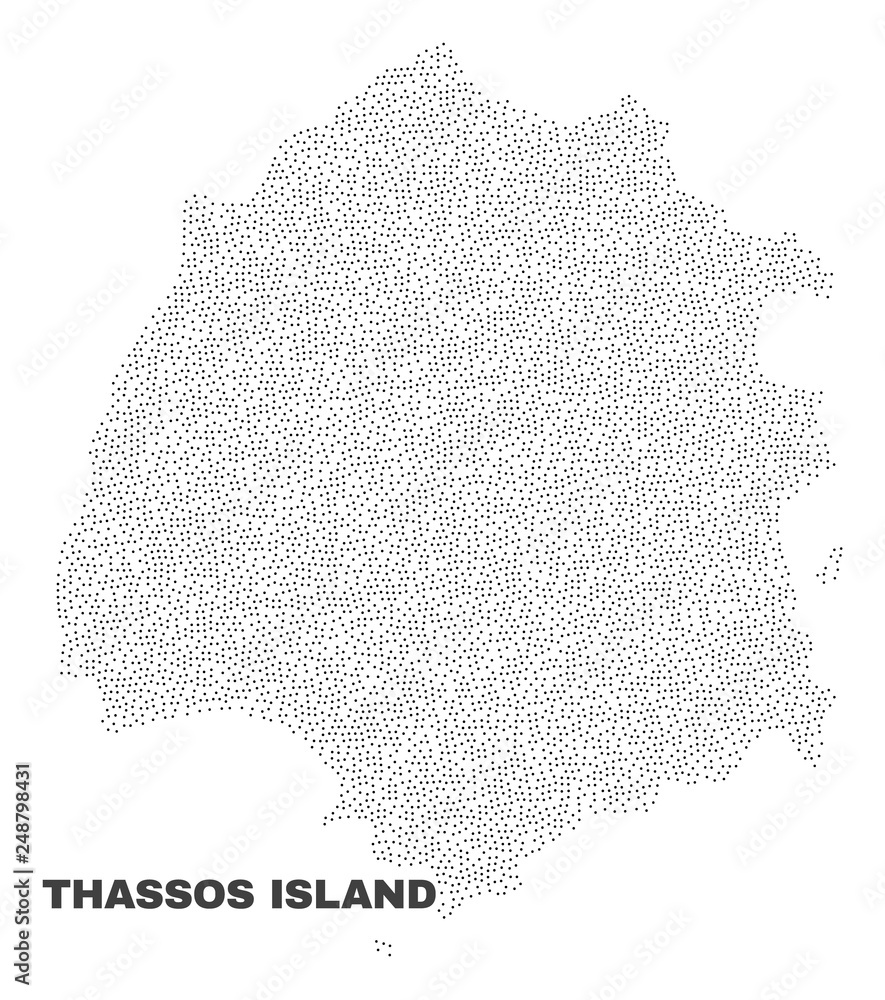 Thassos Island map designed with small points. Vector abstraction in black color is isolated on a white background. Scattered little points are organized into Thassos Island map.