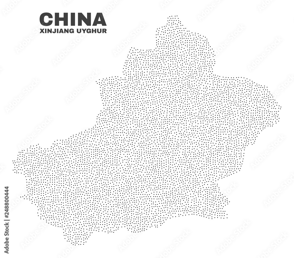 Xinjiang Uyghur Region map designed with small dots. Vector abstraction in black color is isolated on a white background. Scattered small dots are organized into Xinjiang Uyghur Region map.