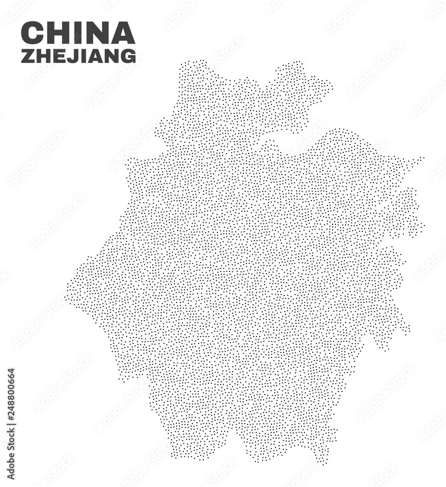 Zhejiang Province map designed with tiny points. Vector abstraction in black color is isolated on a white background. Scattered tiny particles are organized into Zhejiang Province map.