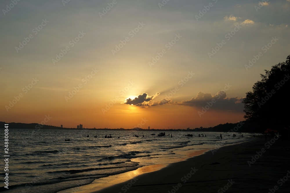 Beautiful nature of blue sky and clouds with sunset on sea in the evening, Many tourists visit here, View for seascape, Space for text in template, Travel concept