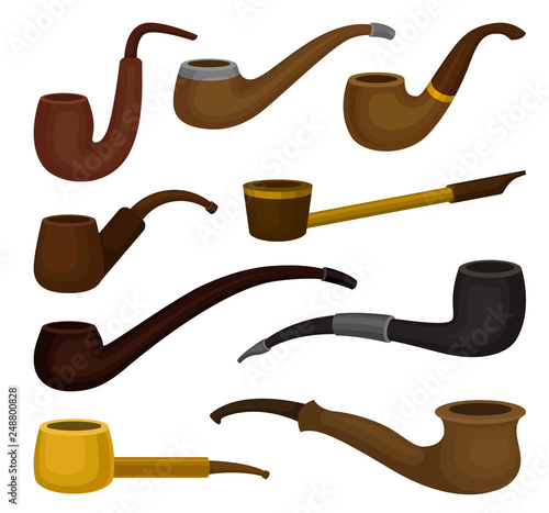 Flat vector set of different types of tobacco pipes. Vintage wooden tubes for smoking. Classic accessory for smokers