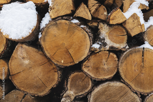 Chopped stock of firewood under snow on the street. Firewood for fireplace and bbq