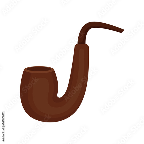 Flat vector icon of brown wooden pipe. Classic tube for smoking tobacco. Vintage accessory for smokers