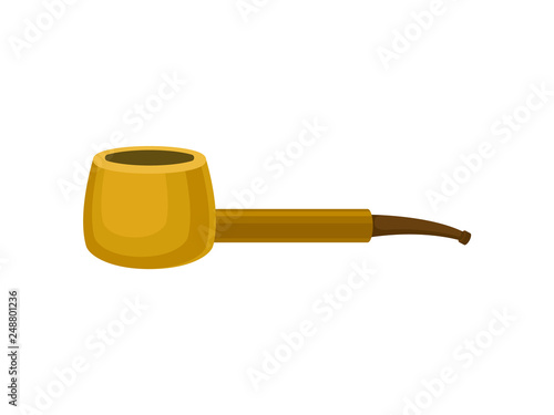 Old-fashioned tobacco pipe with brown wooden filter. Bright yellow tube. Classic smoking equipment. Flat vector icon
