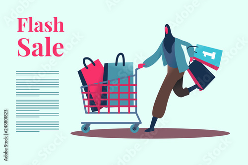 Muslim Women Shopping activity in Flash Sale. Flat illustration