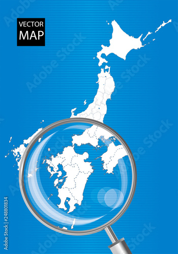 日本地図（青）：虫眼鏡で拡大された九州地方の地図｜日本列島　ベクターデータ