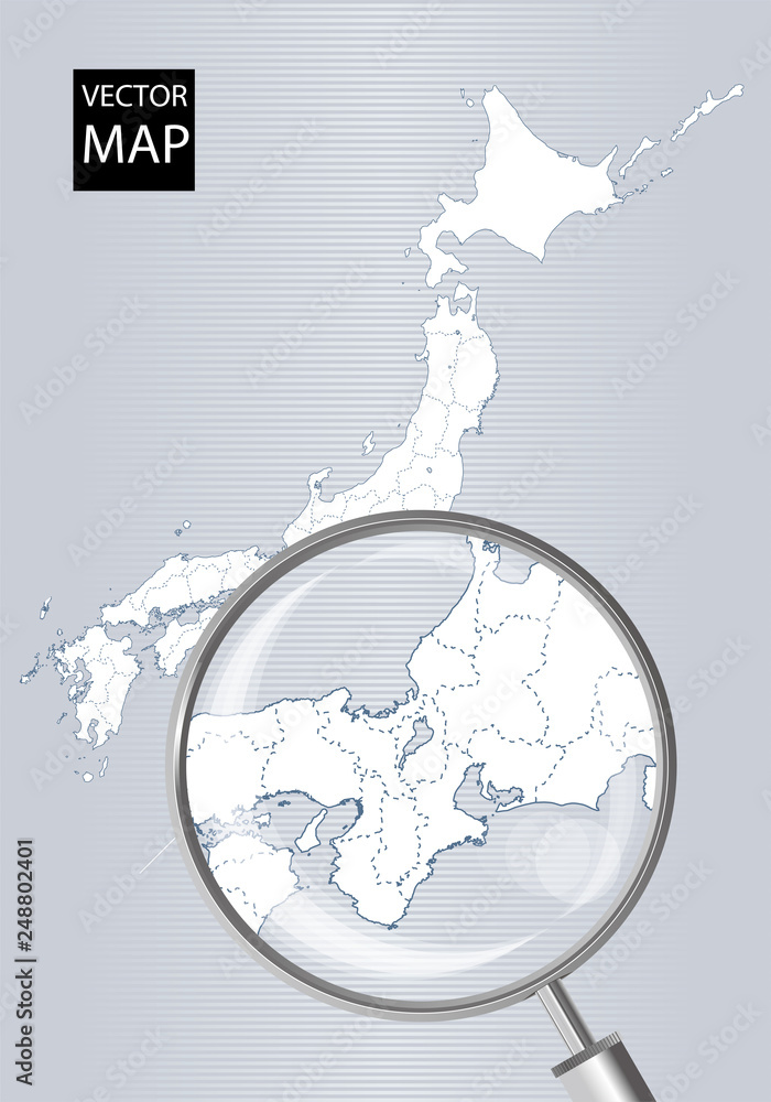 日本地図 グレー 虫眼鏡で拡大された東海 関西地方の地図 日本列島 ベクターデータ Stock Vector Adobe Stock