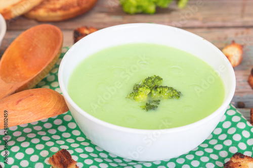 Bowl of cream of broccoli soup. Concept of healthy eating or vegetarian food