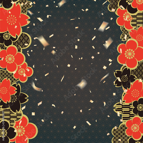Japanese vintage pattern background with sakura, plum flower, and gold confetti