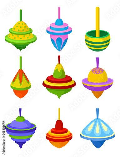 Flat vector set of colorful whirligigs. Traditional children toy. Plastic spinning top on white background