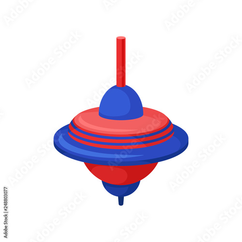 Flat vector icon of classic humming top. Plastic blue-red whirligig. Children spinning toy