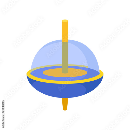 Blue-orange whirligig with transparent dome. Plastic spinning top. Traditional children toy. Flat vector icon