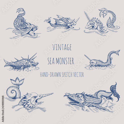 Mythological vintage sea monster. Fragment of old pirate map. Hand drawn vector sketch.