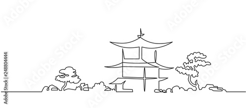 Japanese Buddhist temple continuous one line vector drawing