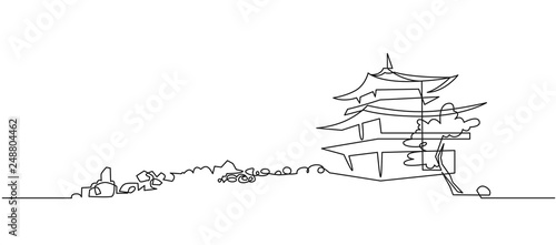 Japanese Buddhist temple continuous one line vector drawing