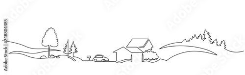 Rural landscape continuous one line vector drawing