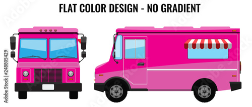 Pink Food Truck Hi-detailed with solid and flat color design template for Mock Up Brand Identity. Front and side view.
