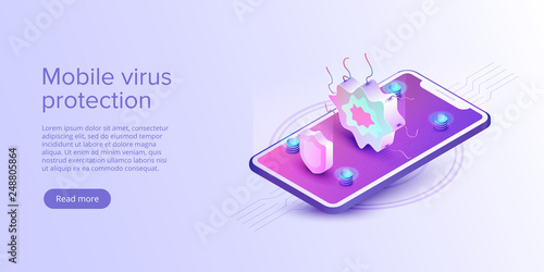Mobile phone virus protection concept in flat vector illustration. Online security app or smartphone antivirus program. Internet safety background or firewall service. Web banner layout template.
