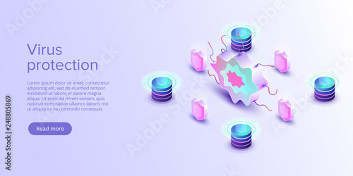 Computer virus protection concept in isometric vector illustration. Online security app or server antivirus program. Internet safety background or firewall service. Web banner layout template.