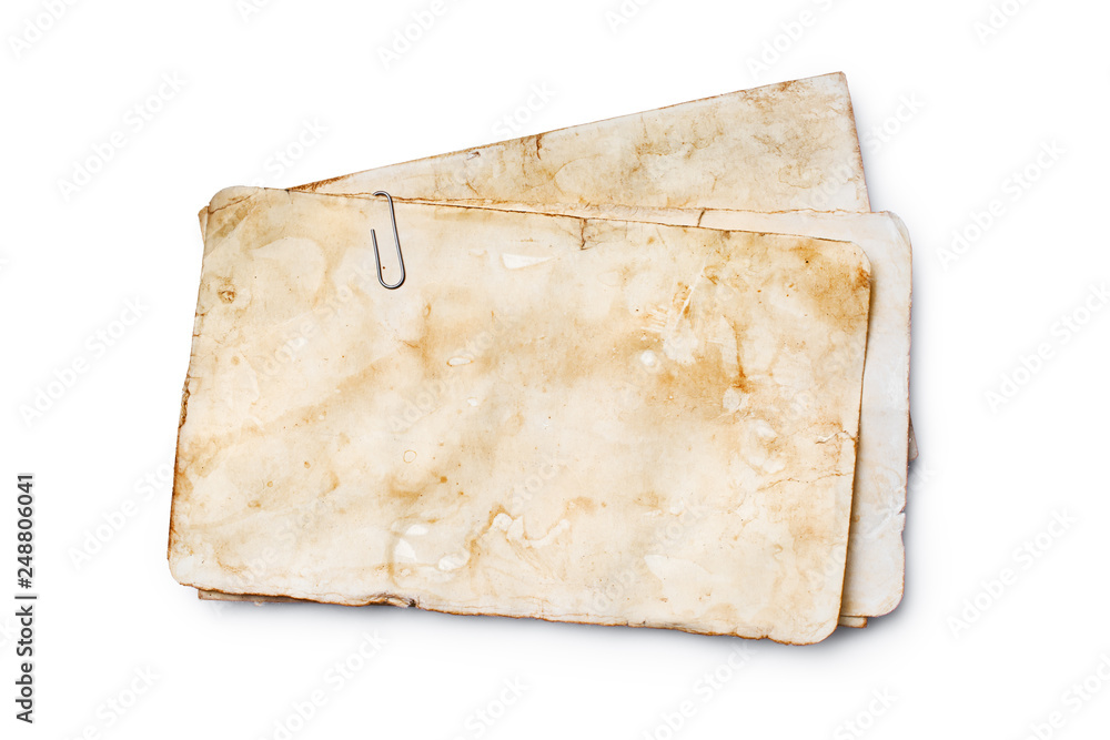 Mockup of empty old vintage yellowed paper sheets with clip