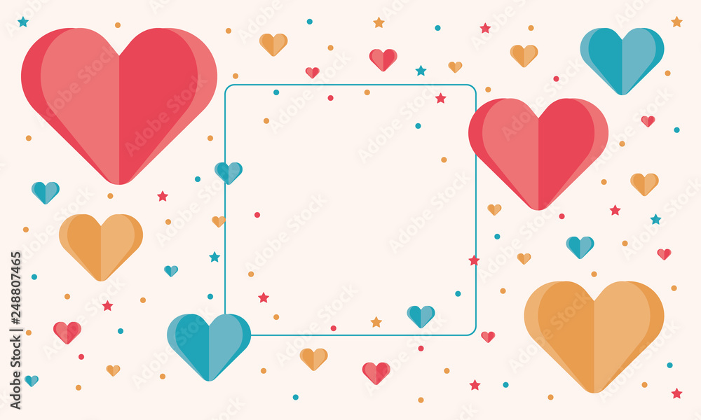 Happy Valentines Day. A holiday of love. Cute and beautiful illustration with color hearts. The traditional time for romantic dates, as well as shopping on sales. Free space for text. Postcard, poster