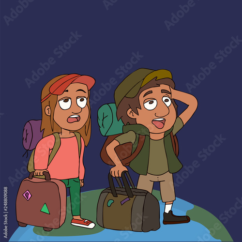 couple of pop-eyed tourists with  luggage vector cartoon