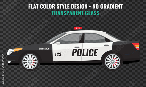Police car side view. Flat and solid color vector illustration.