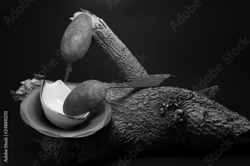 Spoon and dish on timber on black background for art decoration.
