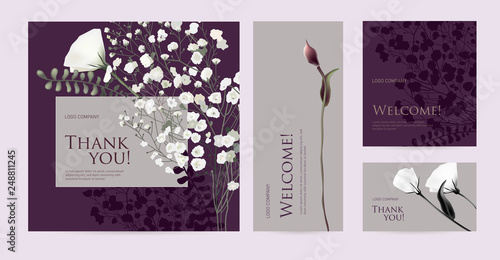 A set of luxury cards with the words "Thank you" and "Welcome". Design template of business cards with floral elements for the hotel, beauty salon, spa, restaurant, club. Vector illustration