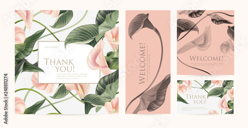 A set of luxury cards with the words of gratitude. Design template of business cards with floral elements for the hotel, beauty salon, spa, restaurant, club. Vector illustration