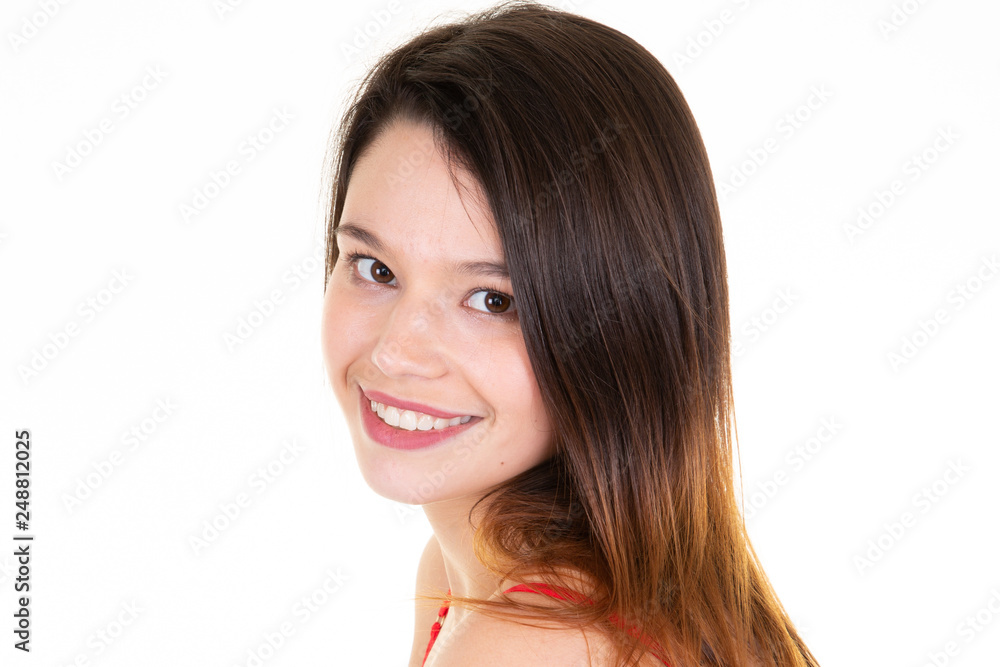 confident happy caucasian woman model smiling in white background confident happy caucasian woman model smiling in white background
