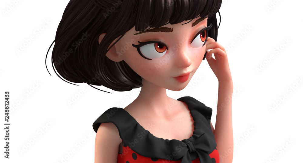 3d cartoon character of a brunette retro girl with big brown eyes.  Beautiful woman face close