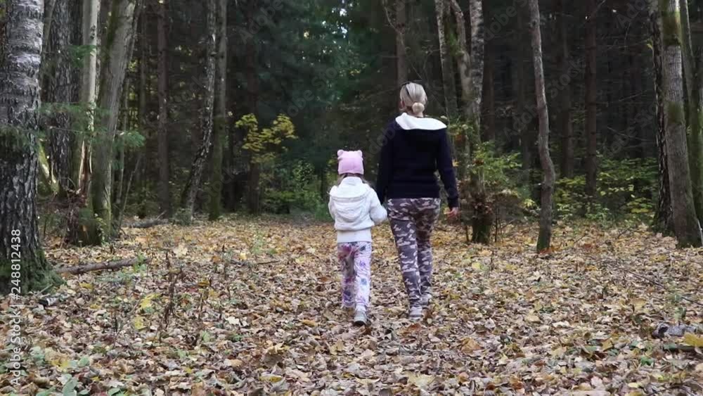 Rear view mother and little daughter walking along the path in the beautiful autumn forest. Beautiful landscape. Rear view mother and little daughter walking along the path in the beautiful autumn forest. Beautiful landscape.