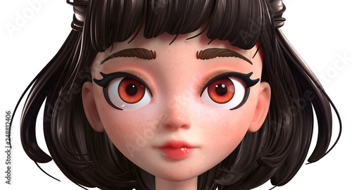 3d cartoon character of a brunette girl with big brown eyes. Beautiful  woman face close up with freckles. Woman with short brown hair. Portrait of  cute cartoon girl. 3D rendering on white