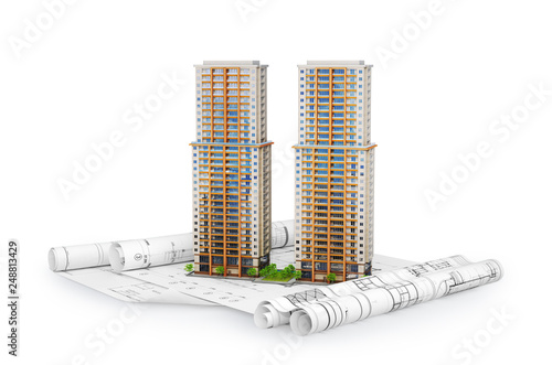 Modern apartment building on the plan drawing. 3d illustration