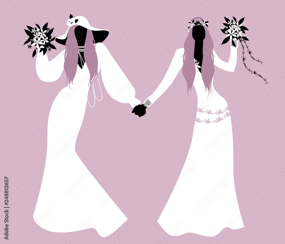 Queer Wedding. Couple of newly married lesbian brides silhouettes. Two women wearing hippy or boho chic style bridal gowns. LGBTQ Rights. Queer Wedding. Couple of newly married lesbian brides silhouettes. Two women wearing hippy or boho chic style bridal gowns. LGBTQ Rights.