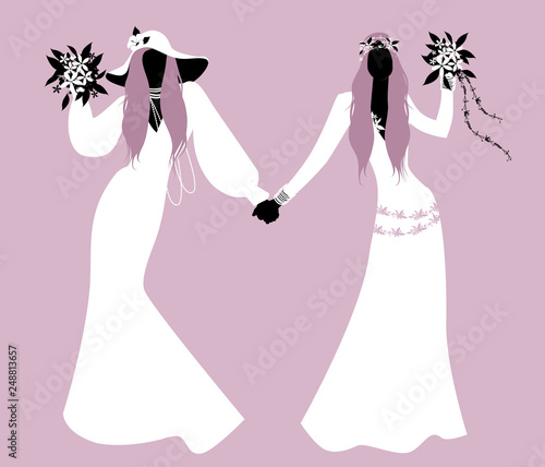 Queer Wedding. Couple of newly married lesbian brides silhouettes. Two women wearing hippy or boho chic style bridal gowns. LGBTQ Rights.